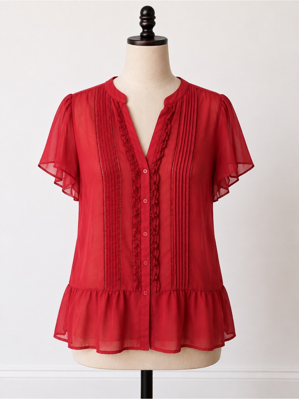 Coquette Red Sheer Ruffle Button Front Blouse Romantic Boho Women’s XL Whimsy